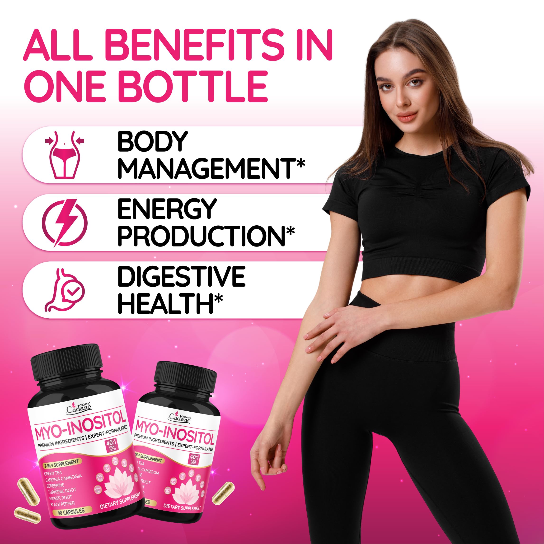 Cadane capsule bottle with organic ingredients: Myo-Inositol and Green Tea