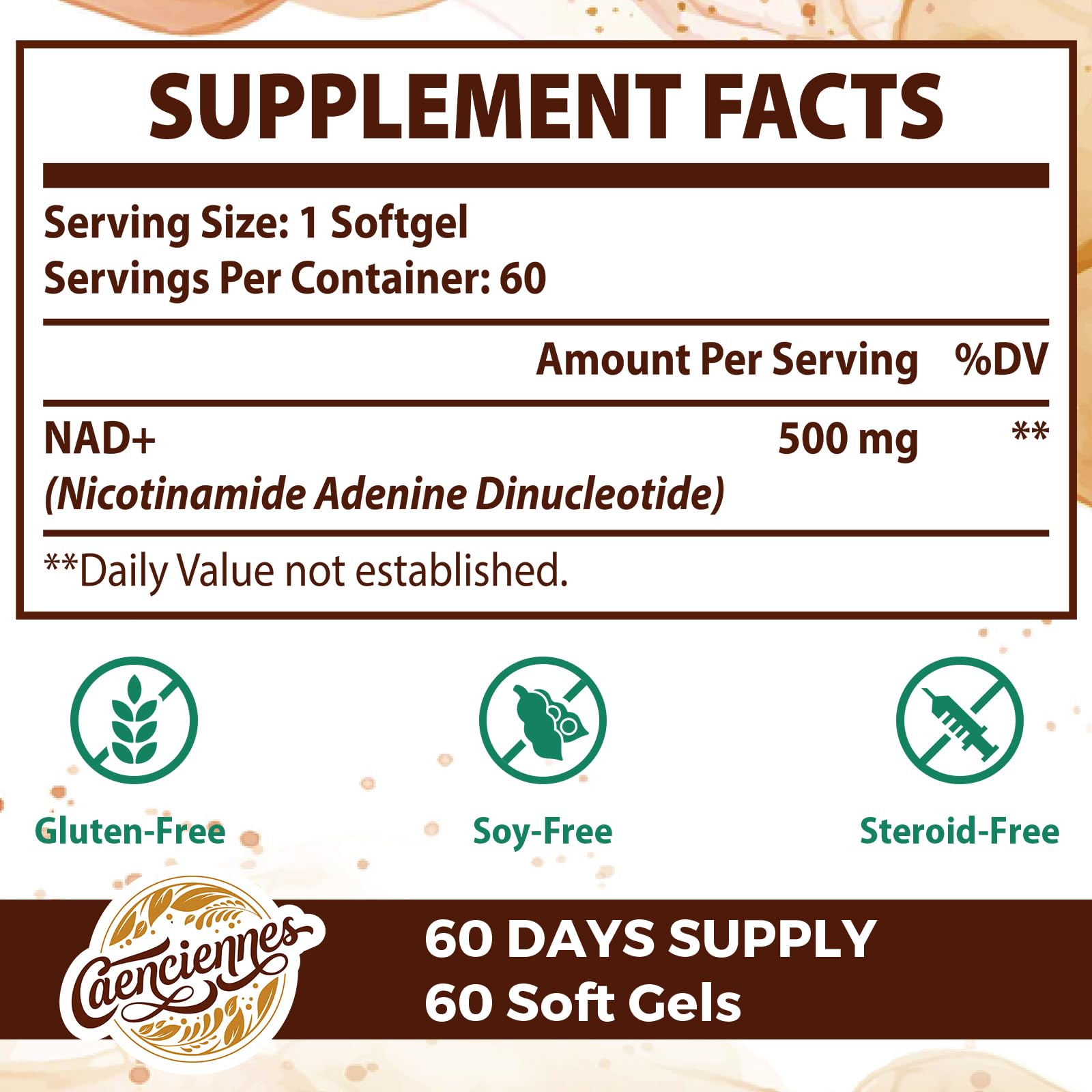 Caenciennes Liposomal NAD+ label close-up showing dosage and ingredients
