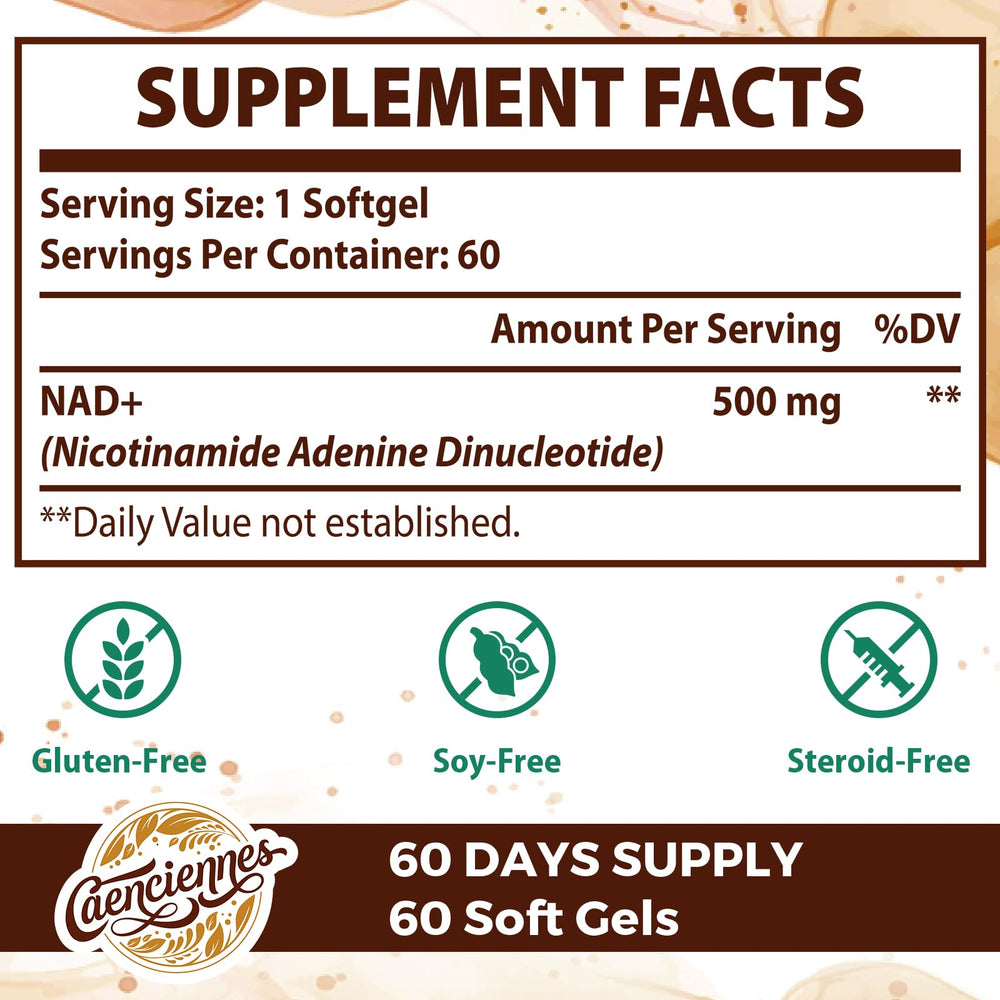 Caenciennes Liposomal NAD+ label close-up showing dosage and ingredients