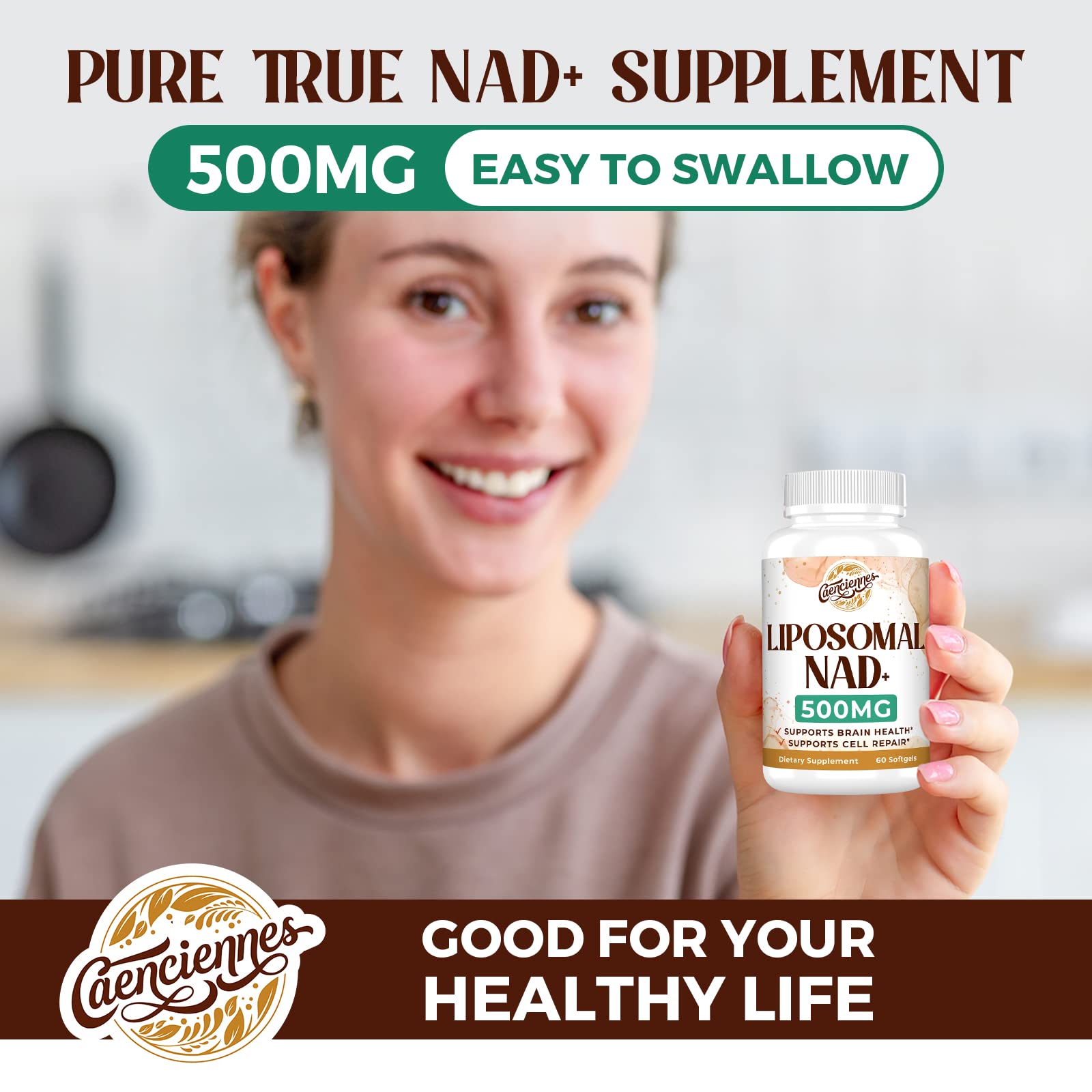 Caenciennes Liposomal NAD+ packaging on table signaling premium quality