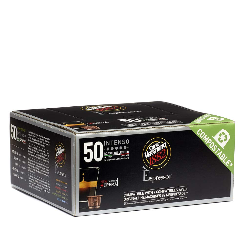 Front of Caffe Vergnano Intenso Espresso Capsules box, 50 count