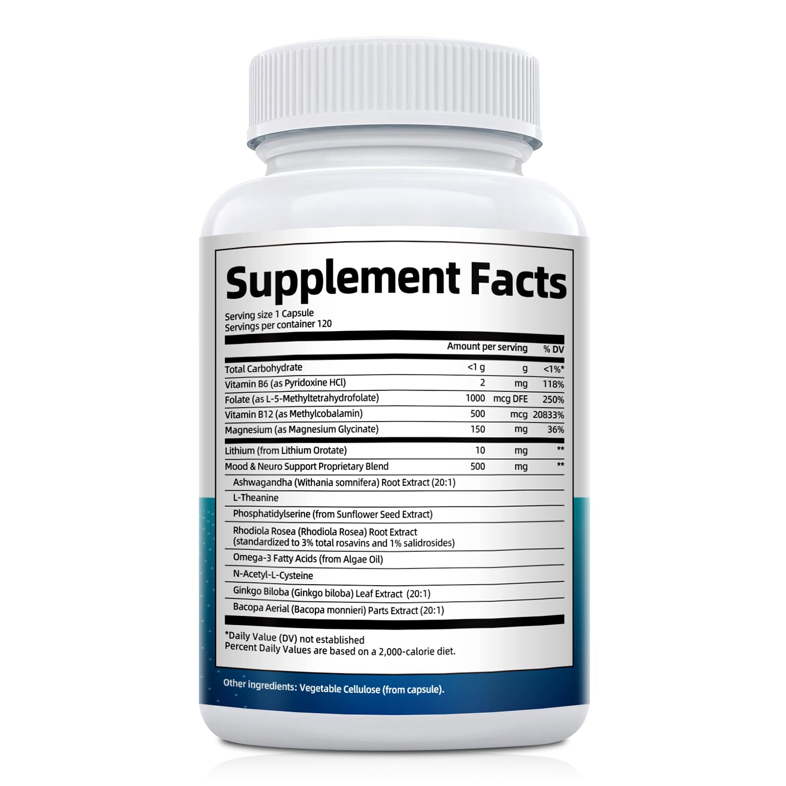 Caffeine-free brain health supplement packaging