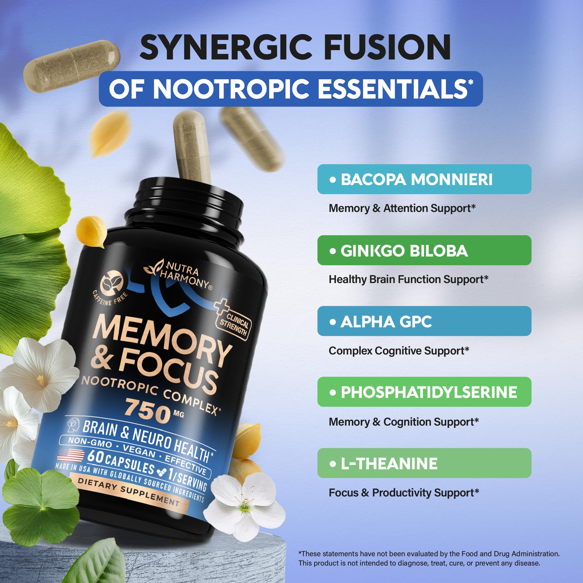 Caffeine-free formula label on memory and focus supplement