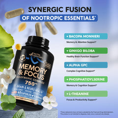Caffeine-free formula label on memory and focus supplement