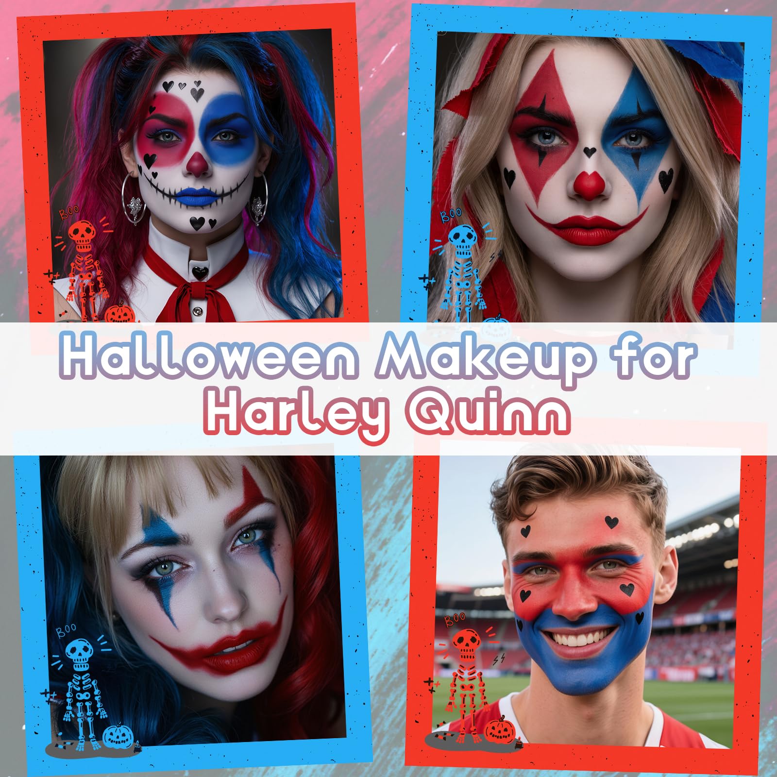 CAHOTO Application steps for a bold Harley Quinn cosplay makeup look.