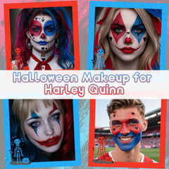 CAHOTO Application steps for a bold Harley Quinn cosplay makeup look.