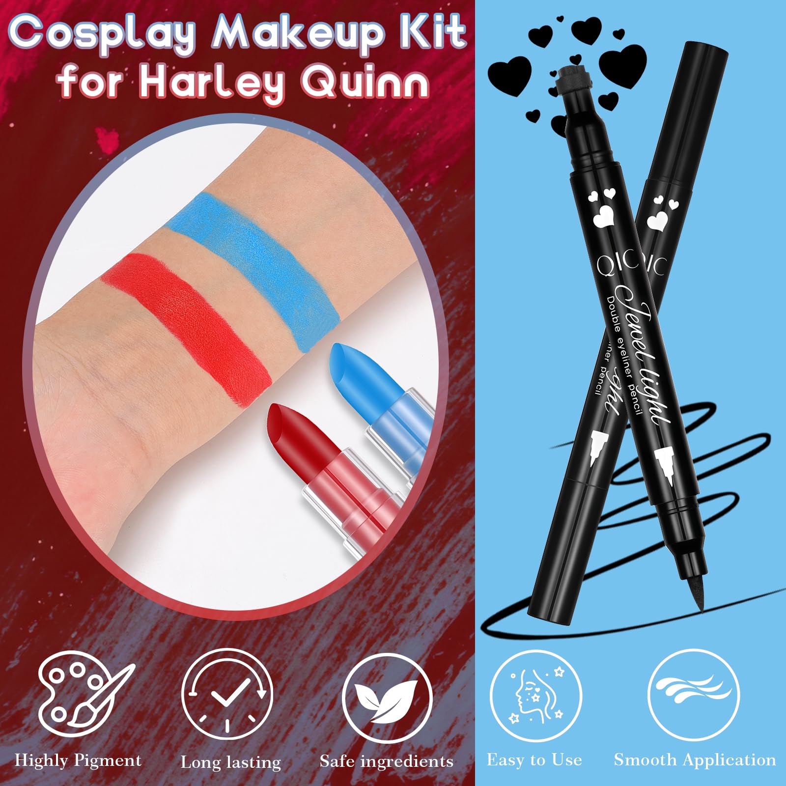 CAHOTO Harley Quinn clip-in hair extensions add vibrant volume and length.