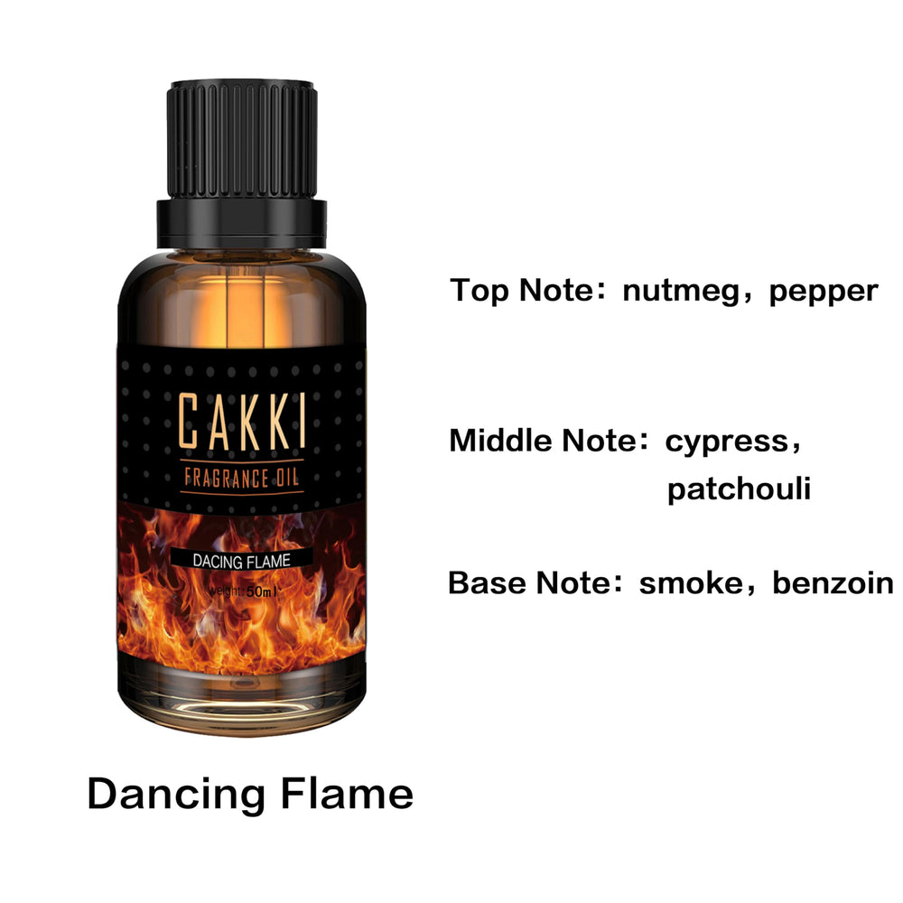 Close-up of CAKKI 50ml diffuser oil bottle with Scent-Dancing Flame label