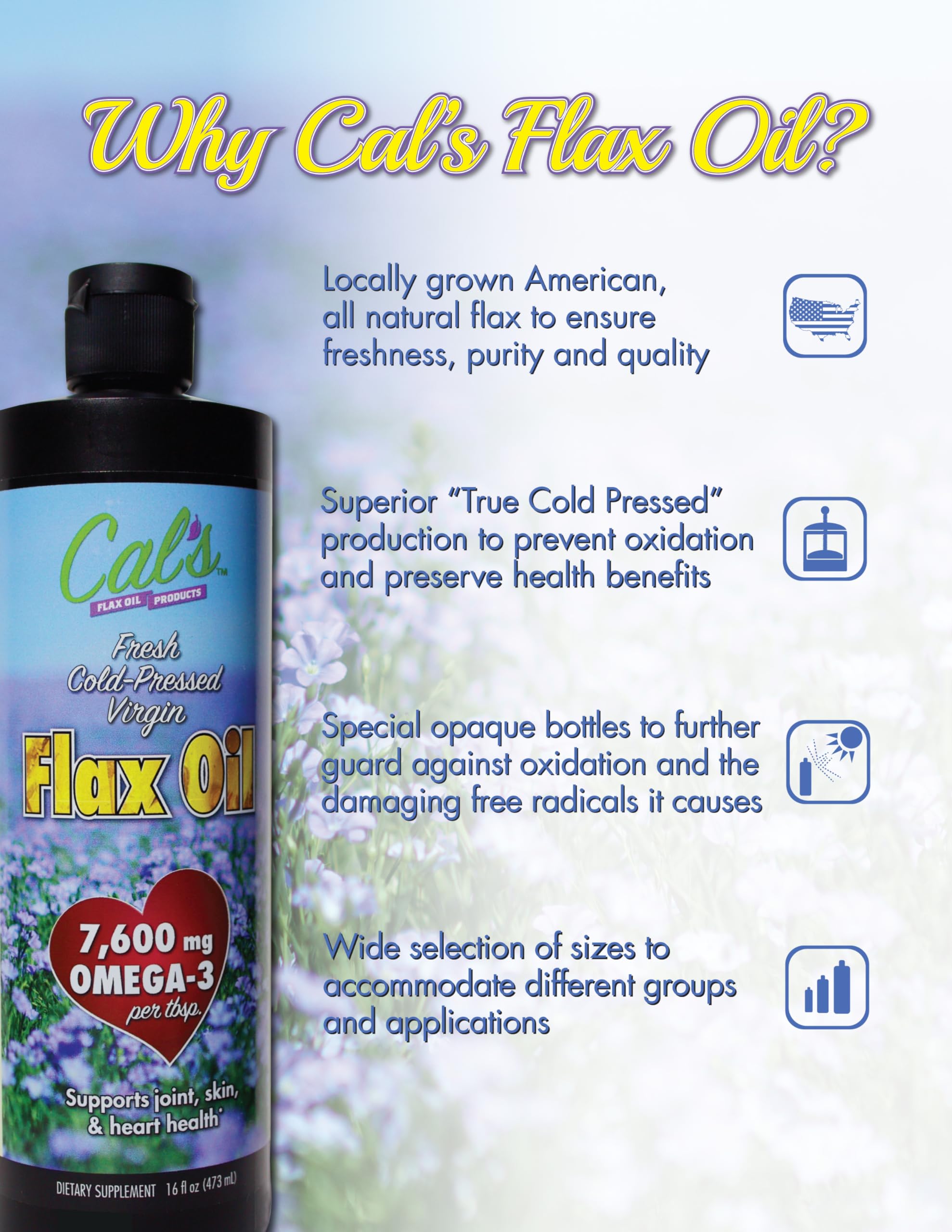 Illustration of True Cold Pressed process for Cal's Flax Oil