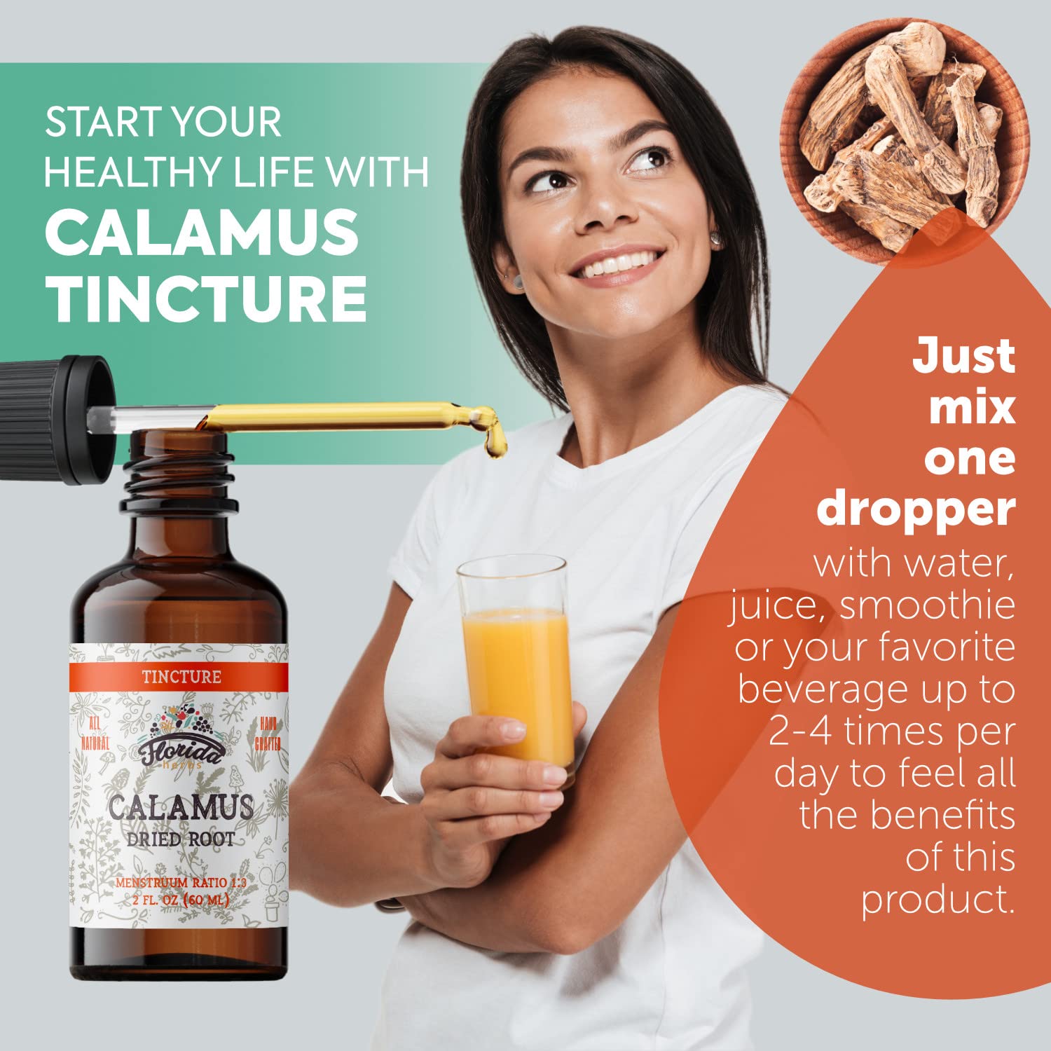 Close-up of Calamus tincture bottle label showing Organic, Non-GMO and 700 mg