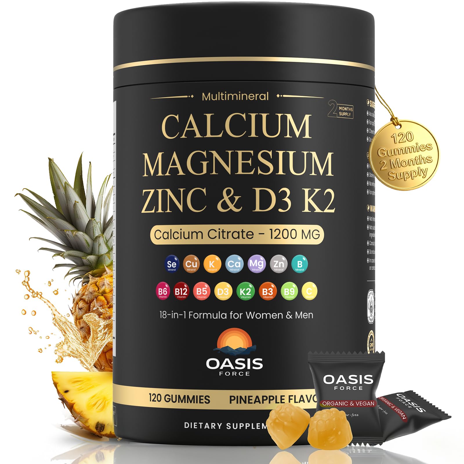 Bottle of calcium 1200 mg gummies with D3 and K2