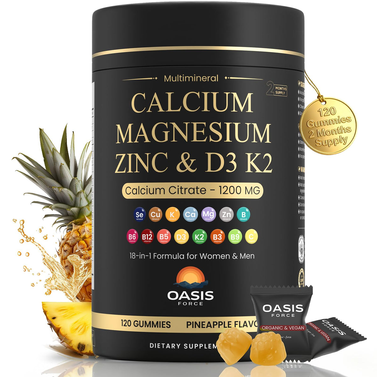 Bottle of calcium 1200 mg gummies with D3 and K2