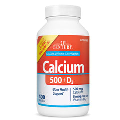 Bottle of 21st Century Calcium 500 mg + D3 tablets with oyster shell calcium for bone health