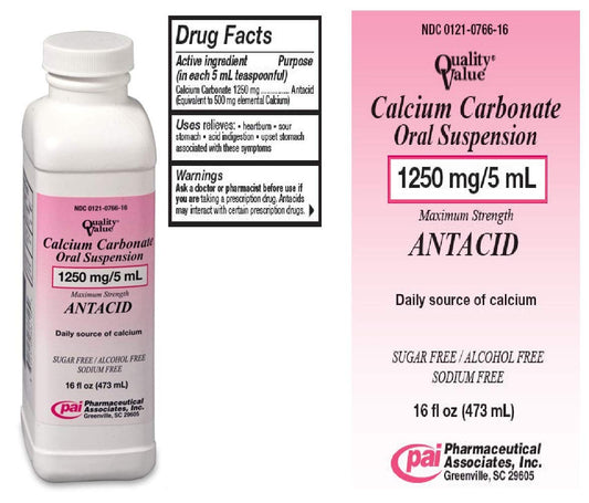 Bottle of Calcium Carbonate Oral Suspension 1250 mg/5 mL - 16 oz (480 mL)