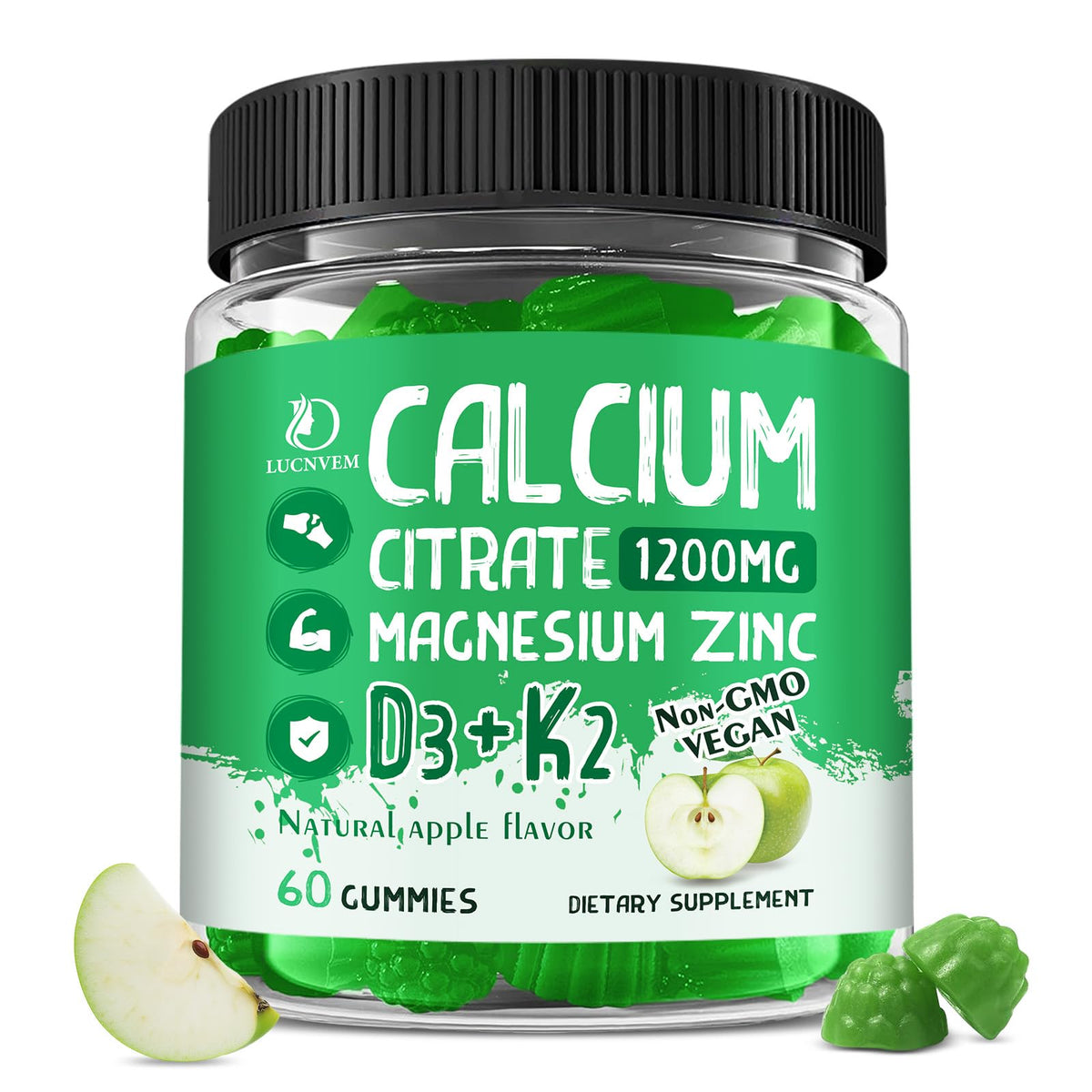 Bottle of Calcium Citrate 1200 mg gummies with Vitamin D3 in apple flavor