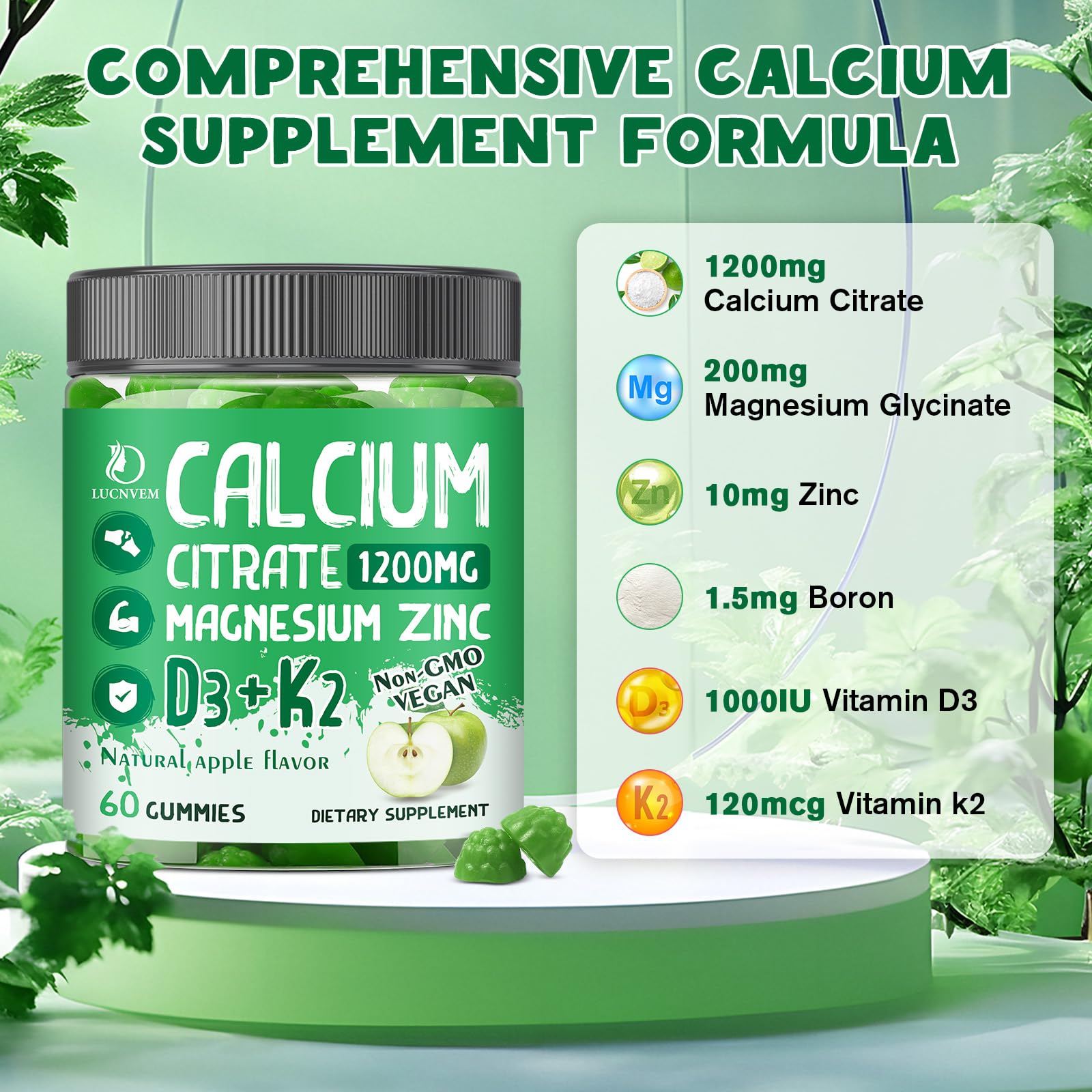 Supplement facts panel showing 1200 mg calcium per serving