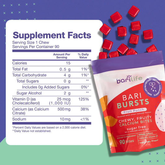 Individually wrapped BariBurst bariatric chew in Fruit Punch flavor