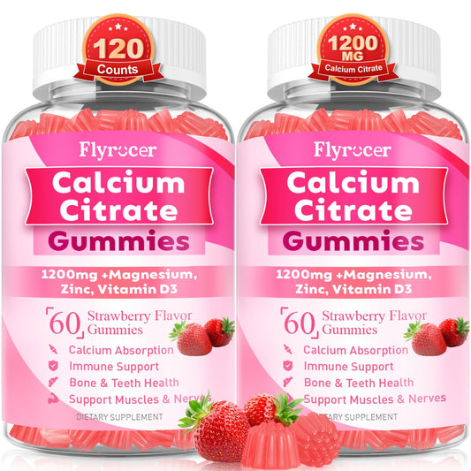 Bottle of 1200mg calcium citrate gummies sugar-free strawberry flavor