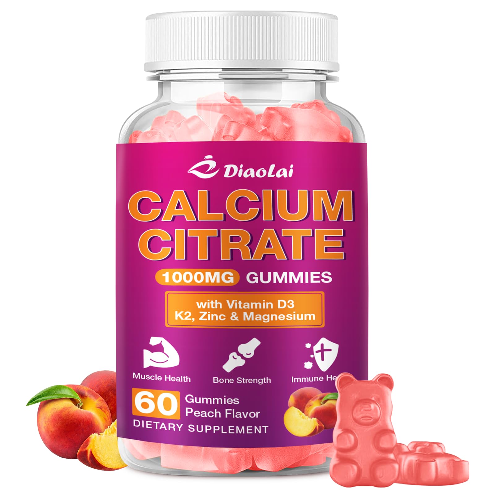 Calcium Citrate Gummies 1000mg per serving peach flavor bottle