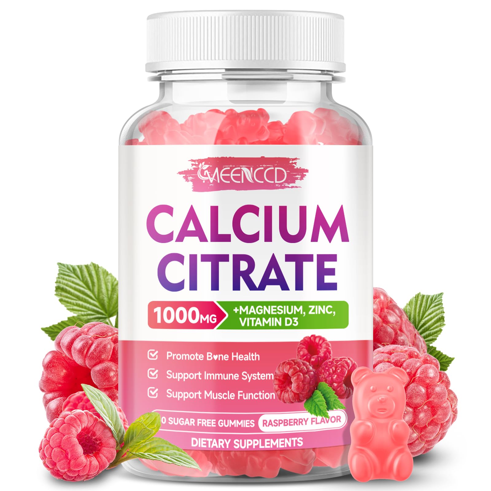 Bottle of Calcium Citrate Gummies 1000mg with Vitamin D3 – Raspberry flavor