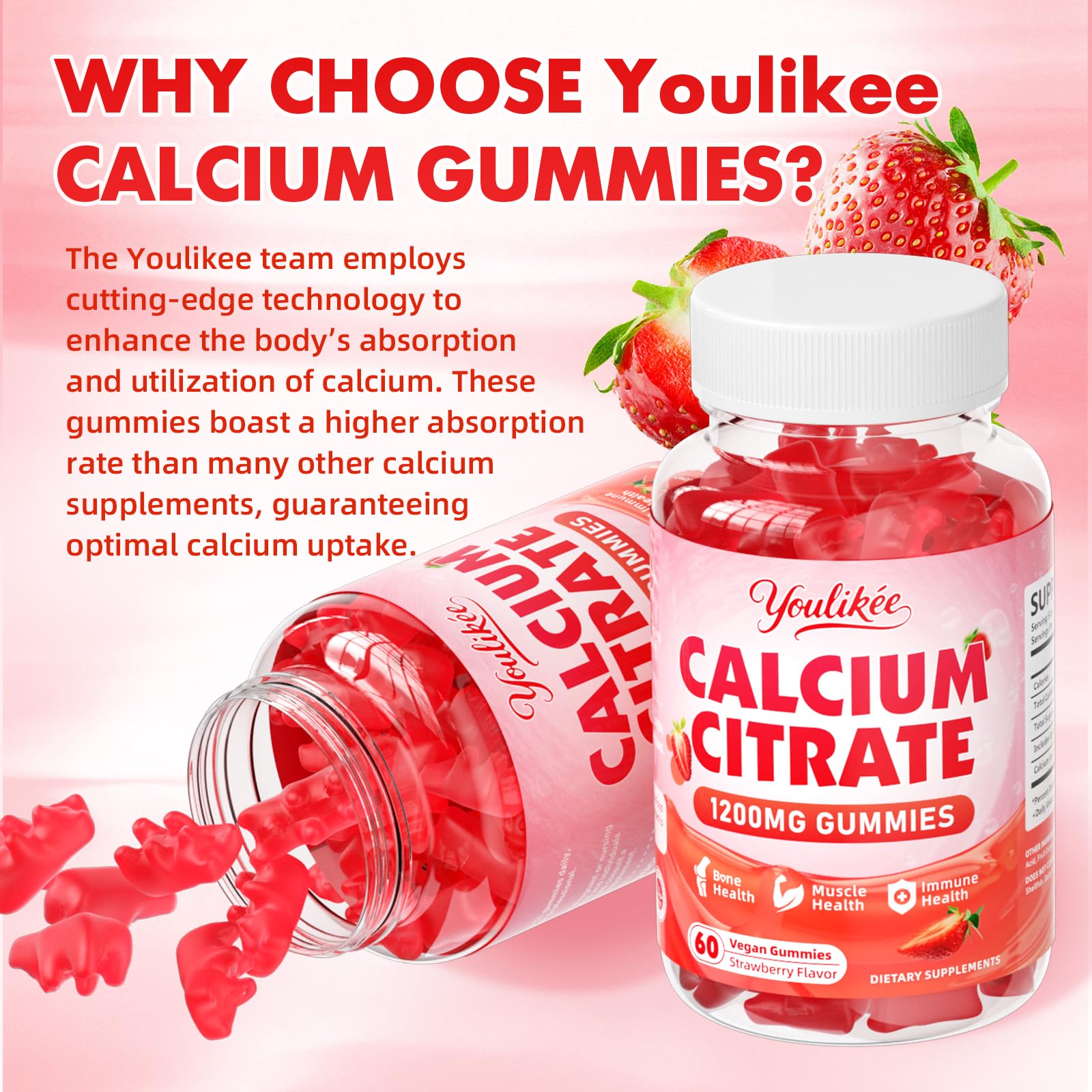 Gummies arranged to highlight bone, muscle and immune support