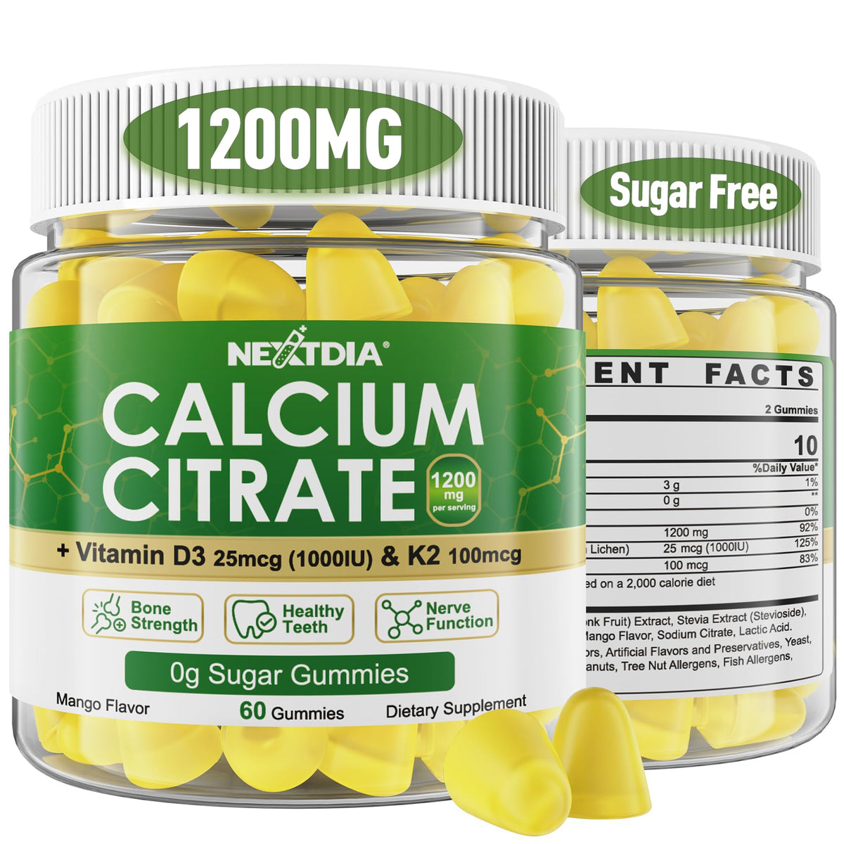 Calcium Citrate Gummies 1200mg with D3 and K2 – Mango flavor – 120 count