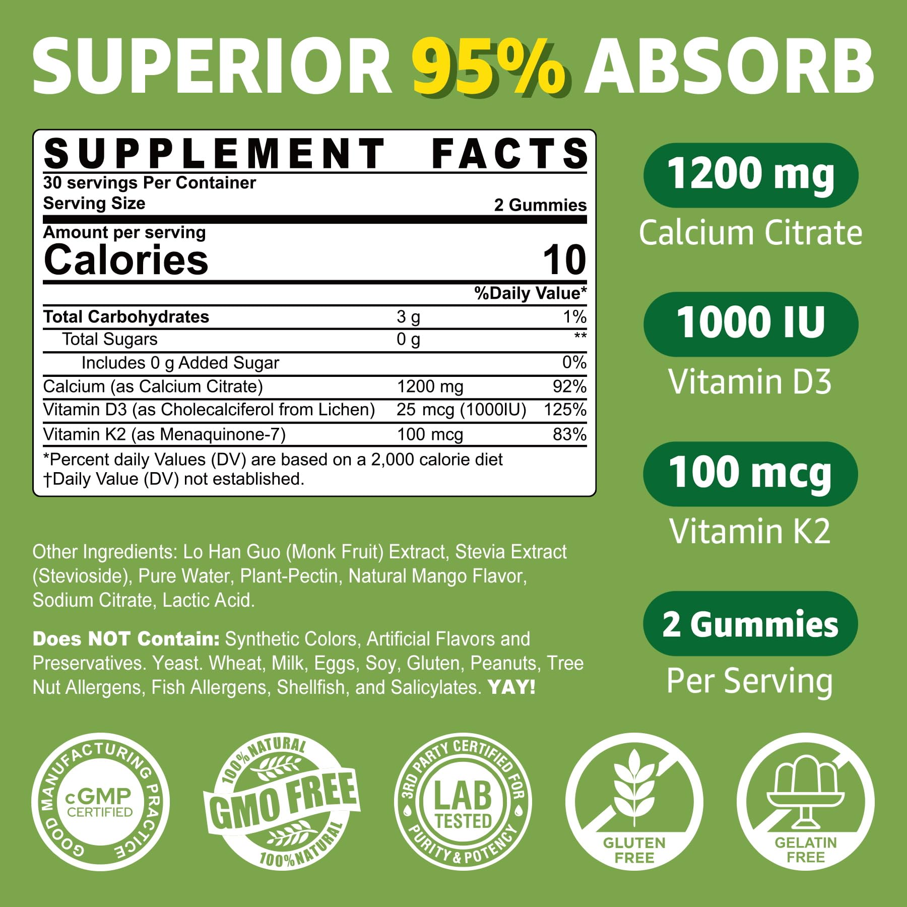 Gummy calcium supplement bottle showing 120 count – Mango flavor