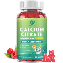 Front view of the 1200mg Calcium Citrate Gummies with Raspberry flavor bottle