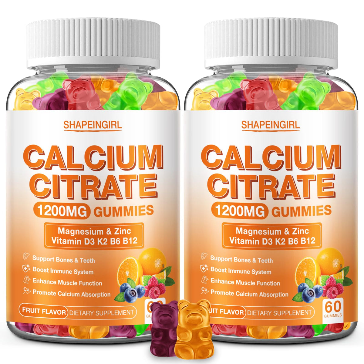 Bottle of 1200mg calcium citrate gummies with vitamin D3, K2, B6 and B12
