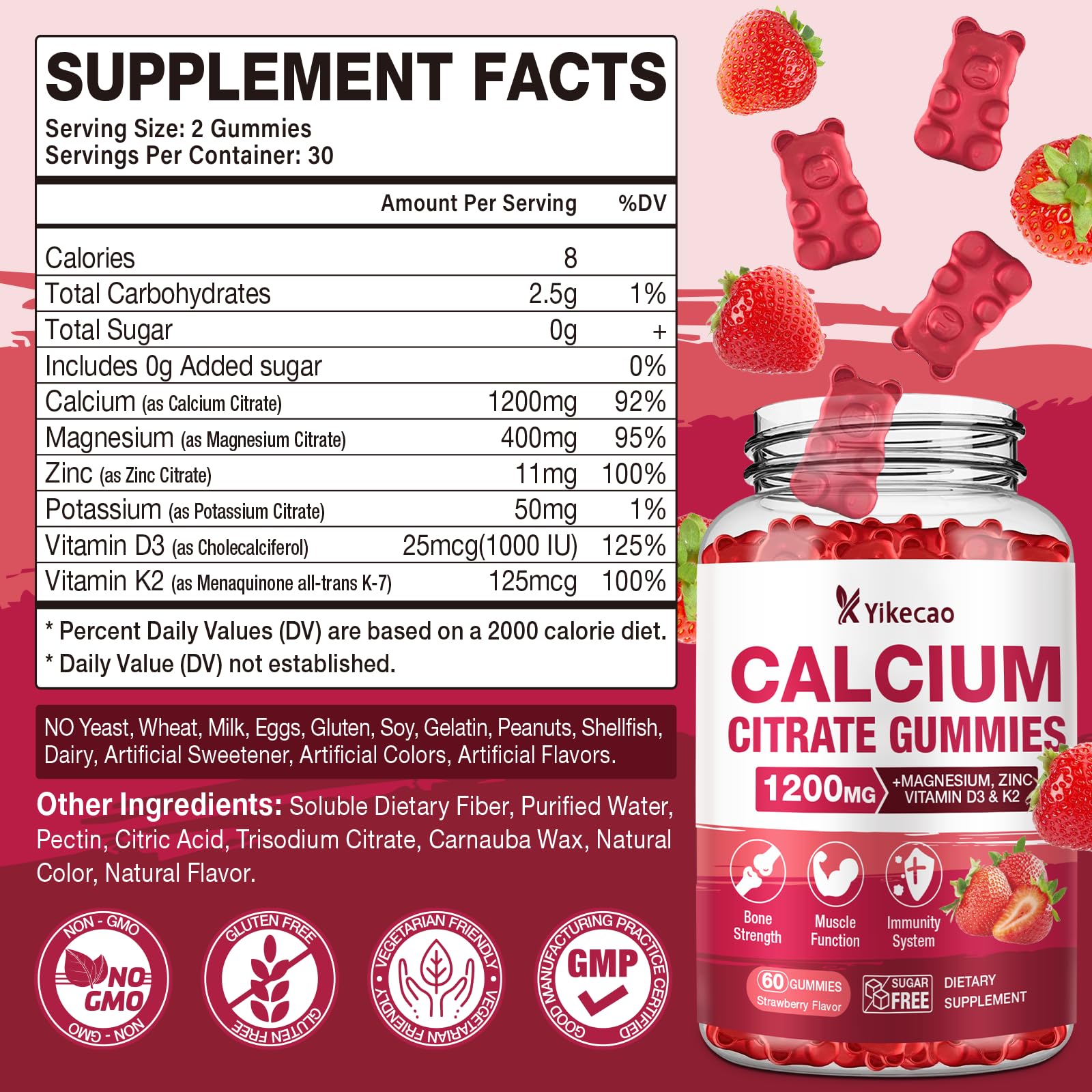 Nutrition facts panel for Calcium Citrate Gummies 1200mg