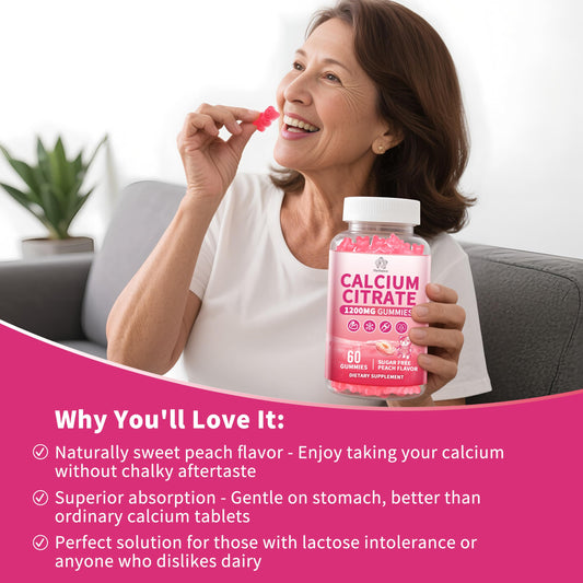 Close-up of peach-flavored calcium citrate gummies