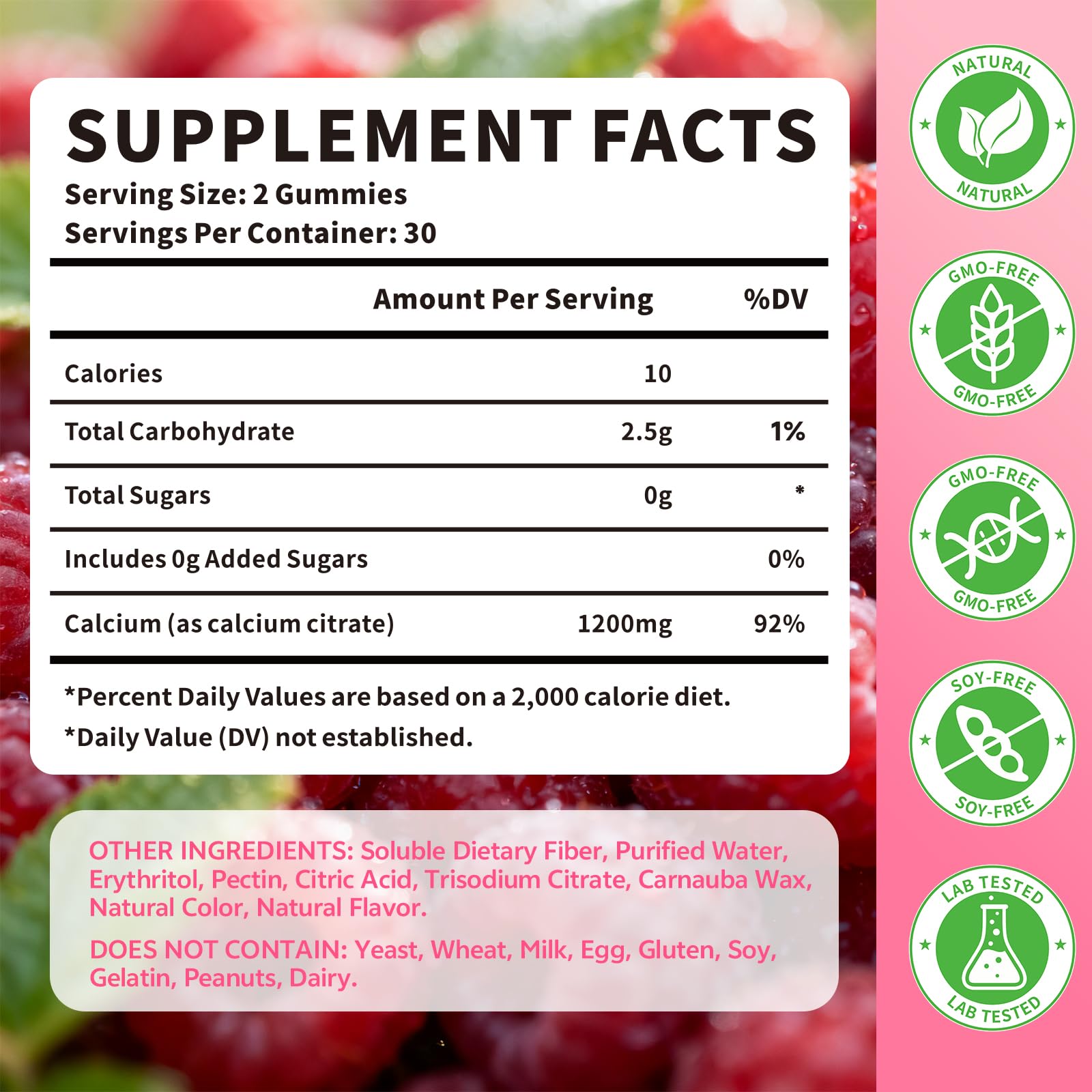 Close-up of Raspberry flavored Calcium Citrate Gummies 1200mg