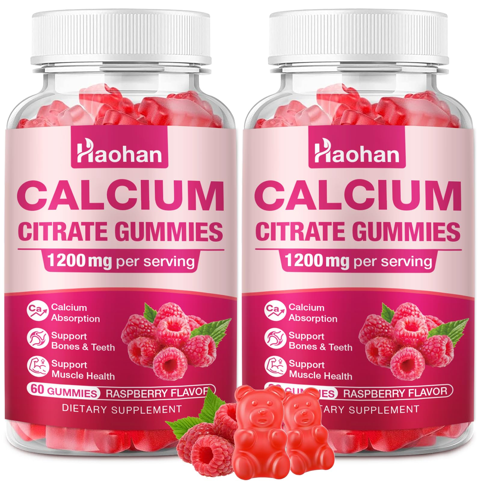 Bottle front view of Calcium Citrate Gummies 1200mg Raspberry flavor
