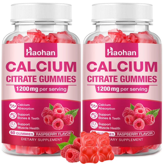 Bottle front view of Calcium Citrate Gummies 1200mg Raspberry flavor