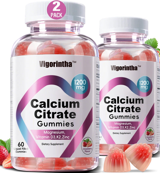 Front view of Strawberry Calcium Citrate Gummies bottle (1200mg)