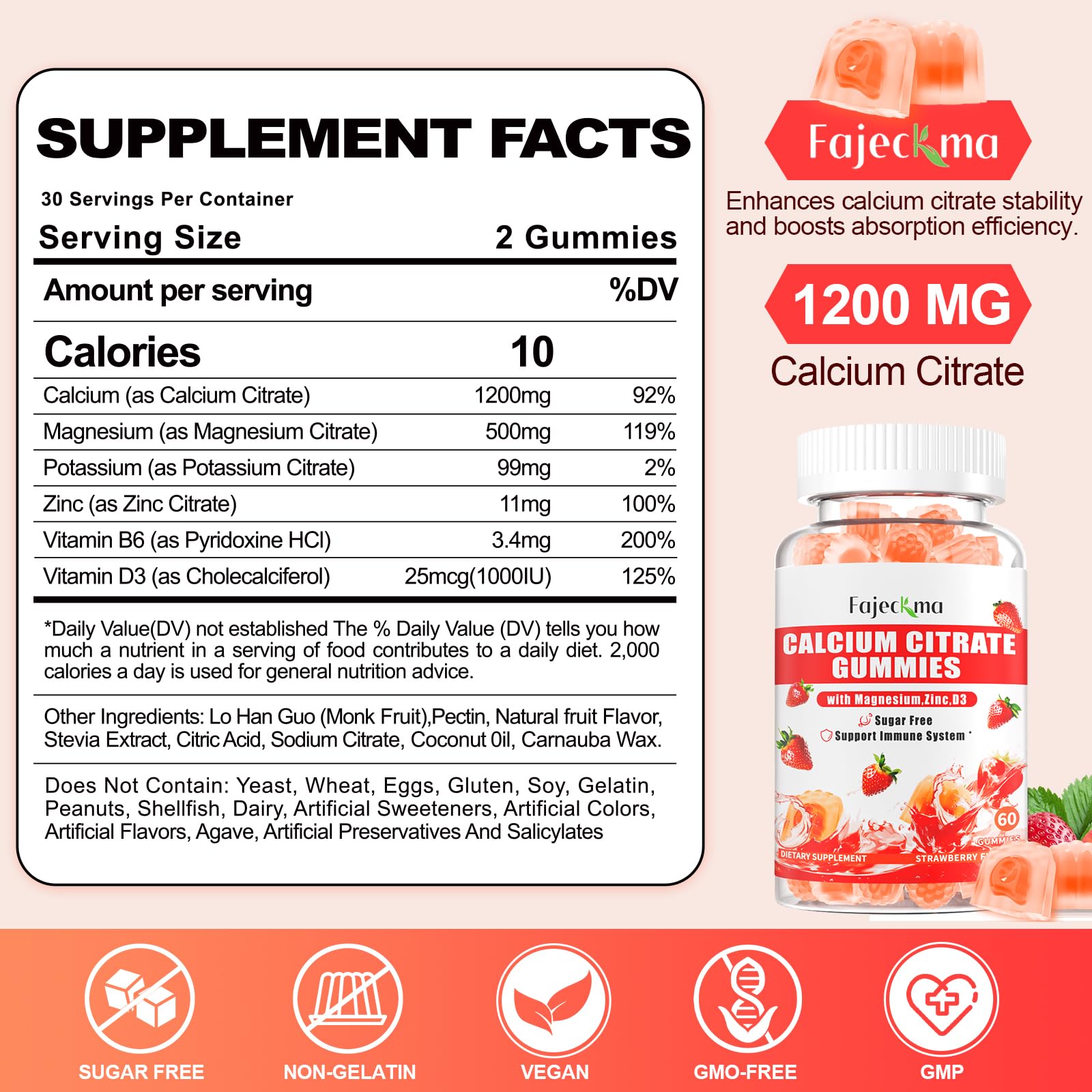 Nutrition facts panel for Calcium Citrate Gummies