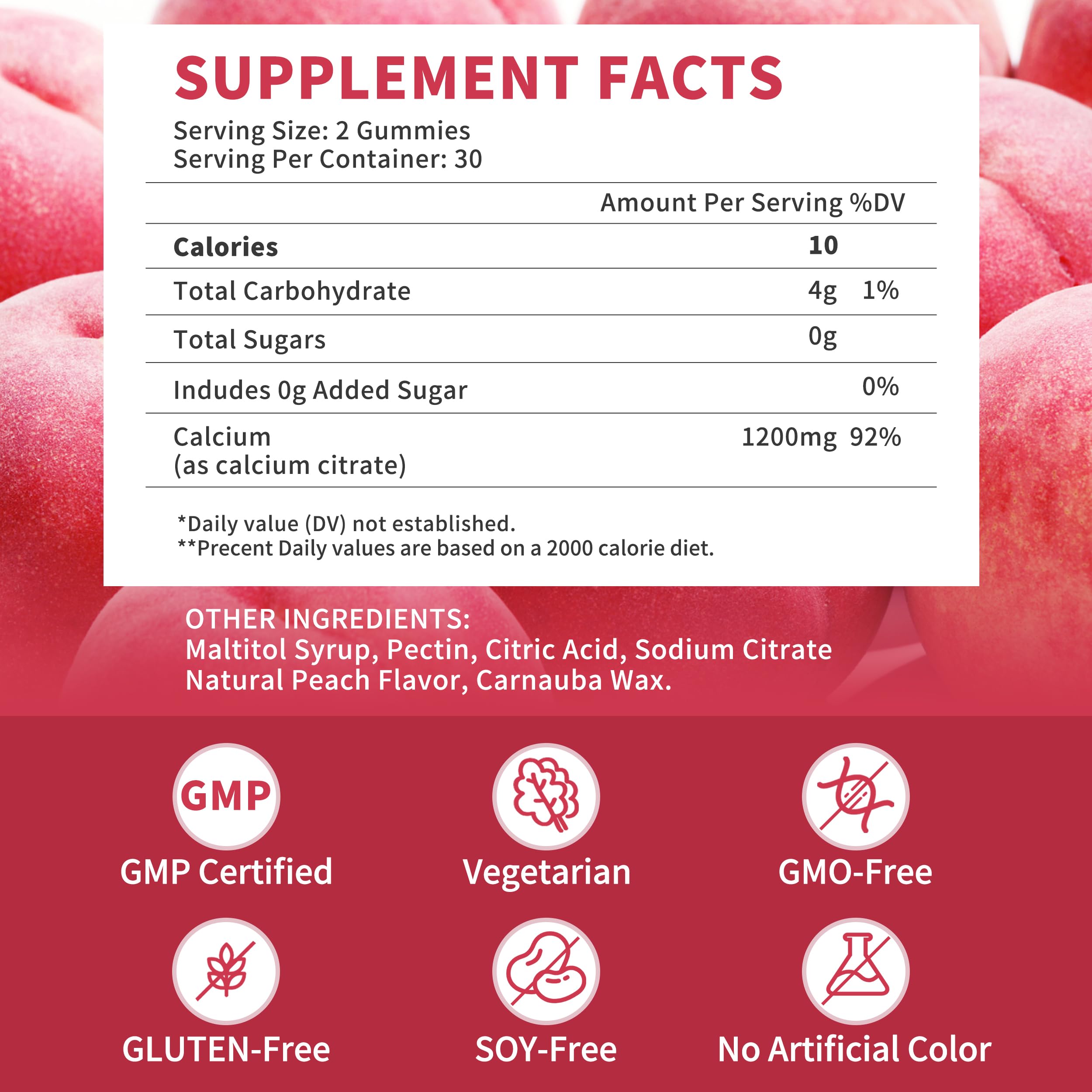 Ingredient panel highlighting vegan, sugar-free calcium citrate gummies