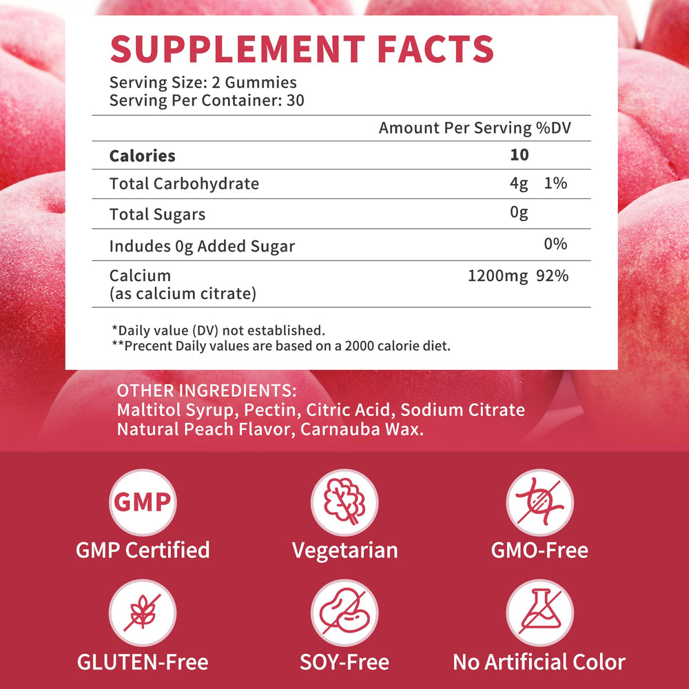 Ingredient panel highlighting vegan, sugar-free calcium citrate gummies