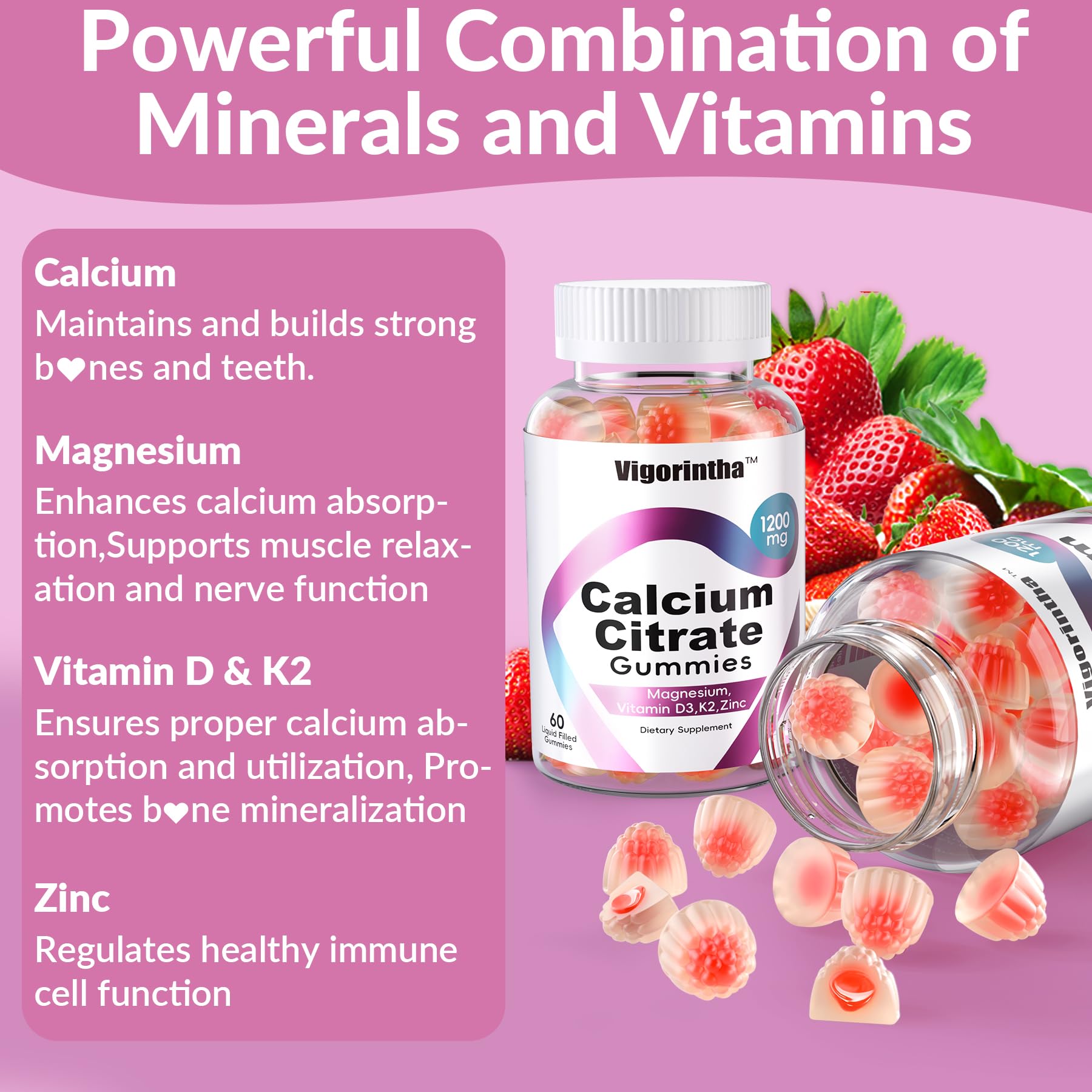 Bottle close-up showing Strawberry flavor gummies