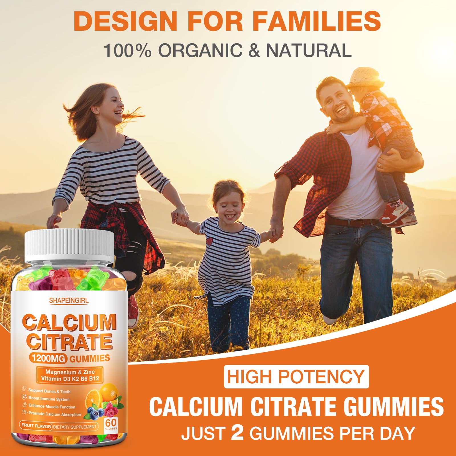 Calcium gummies packaging indicating non-GMO, gluten-free, vegan