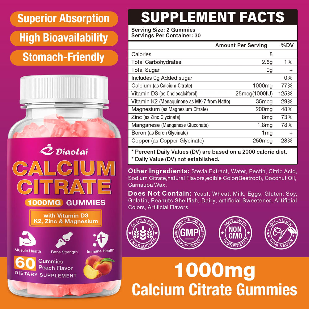 Close-up of peach-flavored calcium citrate gummies