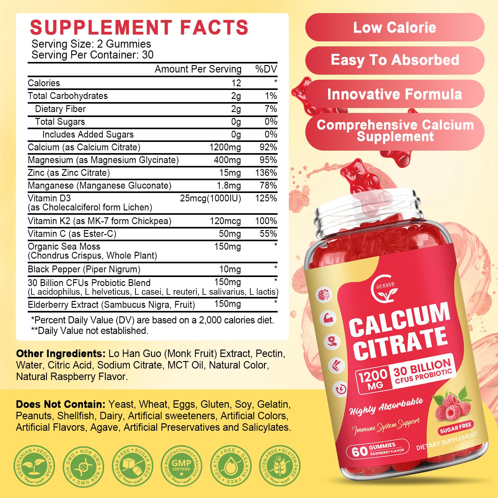Supplement facts showing 1200 mg calcium per serving with D3, K2, Mg and Zn