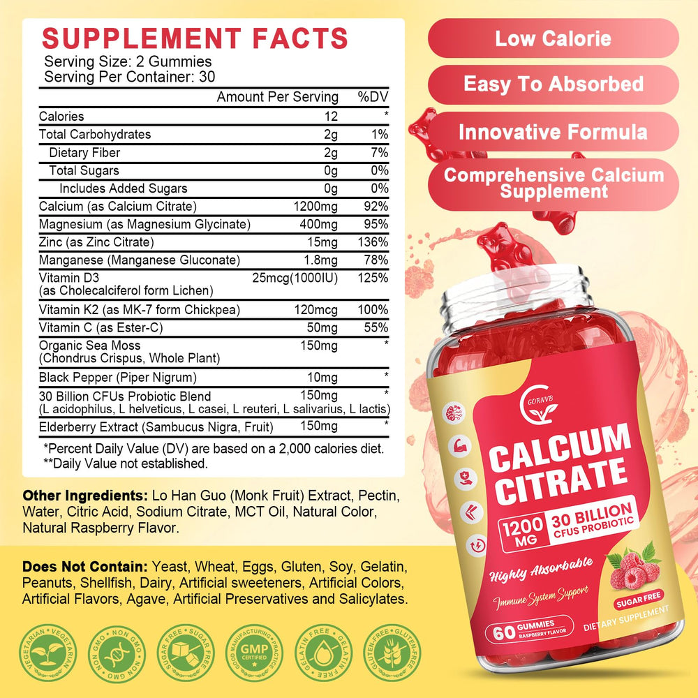 Supplement facts showing 1200 mg calcium per serving with D3, K2, Mg and Zn