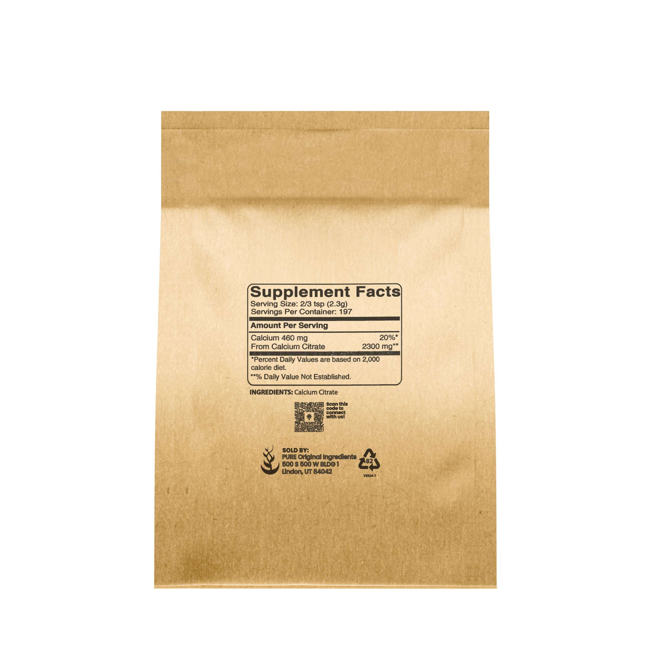 Calcium citrate powder 1 lb back label with nutrition information
