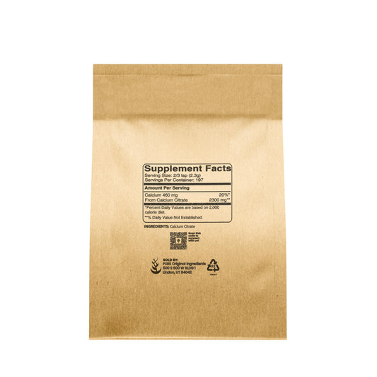 Calcium citrate powder 1 lb back label with nutrition information