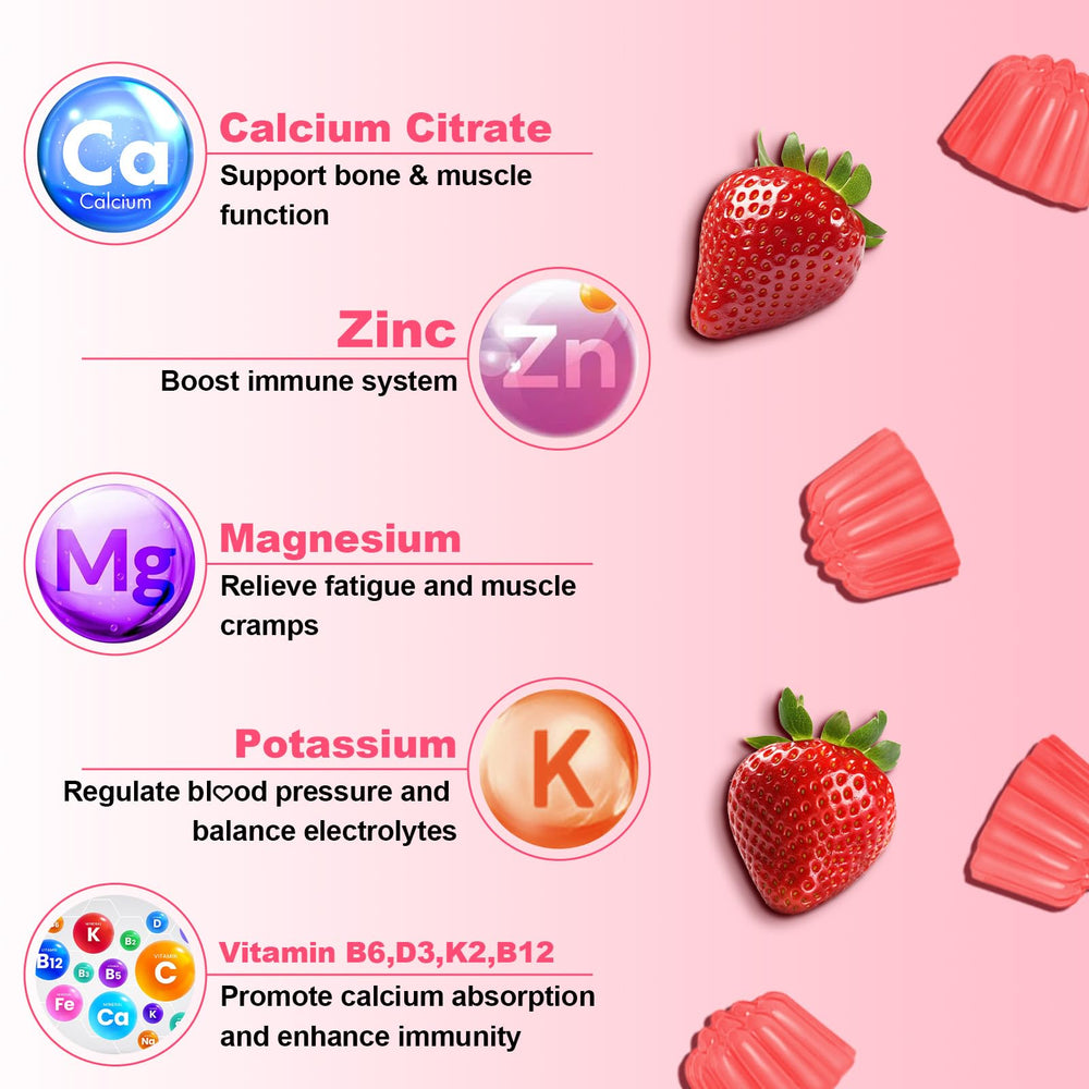Close-up of ingredient list highlighting calcium, D3, K2, magnesium and potassium.