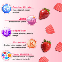 Close-up of ingredient list highlighting calcium, D3, K2, magnesium and potassium.