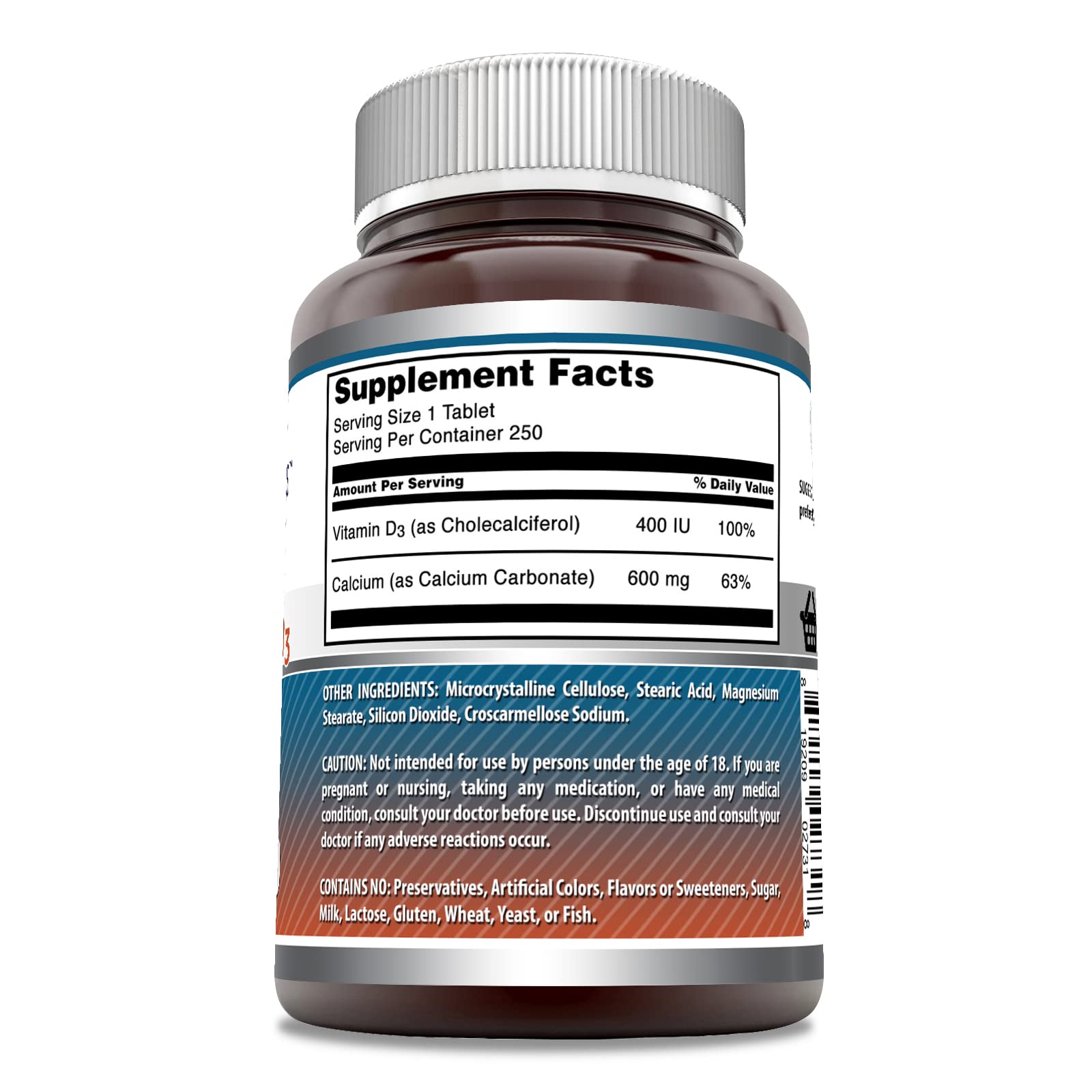 Close-up of serving showing 600 mg calcium and 400 IU vitamin D3 per tablet