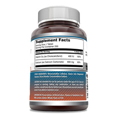 Close-up of serving showing 600 mg calcium and 400 IU vitamin D3 per tablet