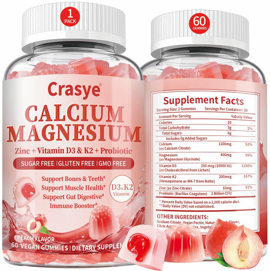 Bottle of calcium gummies with peach flavor label